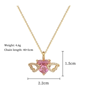 Detailed size specifications for pink heart wing necklace in gold-plated stainless steel