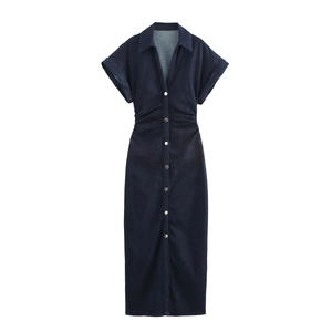 Abito Lungo In Denim Scollo A V Maniche Corte Monopetto Pieghettato Vita Alta Retro Stile Camicia Elegante Donna