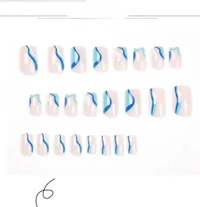 Détails de 24 faux ongles autocollants vagues bleu et rose avec design squoval chic