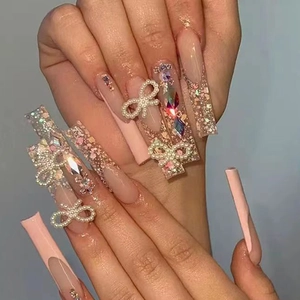 Press On Nails Long Coffin Ballerina False Nails With Artificial Pearl Bowknot Rhinestone Sparkling Glitter French Style