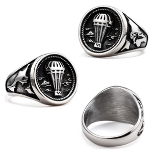 Men Vintage Paratrooper Ring Stainless Steel Retro Military Parachute Eagle Skull Relief Carved Jewelry