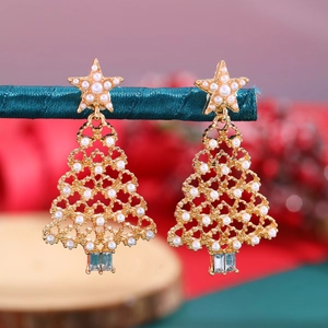 Christmas tree stud earrings with gold plating and white pearls for women
