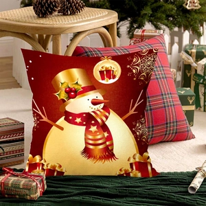 Fodera per cuscino natalizio con pupazzo di neve rosso e oro e decorazioni festive