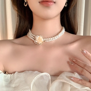 Resin pearl beaded necklace set with champagne rose pendant and matching earrings