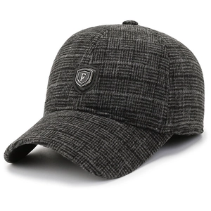 Men's winter baseball cap with dark grey plaid wool fabric and shield F emblem logo