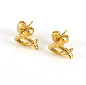 Polished gold fish-shaped stud earrings made of 18K stainless steel with secure backings