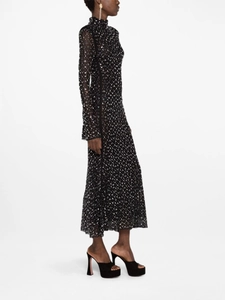 Side view of a slim-fit black maxi dress featuring intricate silver sequin geometric patterns