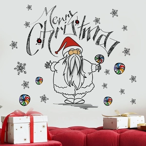 Cartoon Santa Claus wall sticker with Merry Christmas text for living room decor