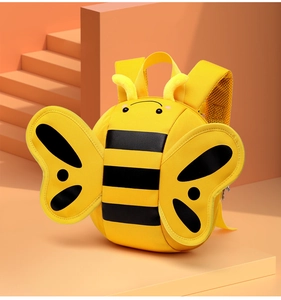 Detail of cute yellow bee toddler backpack showing breathable honeycomb mesh straps