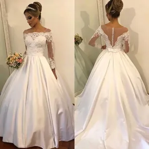 Elegant Lace Long Sleeve Wedding Dress Satin A-Line Off The Shoulder Button Back Bridal Gown For Women Ivory