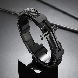 Men's double cross braided leather bracelet with matte black stainless steel clasp