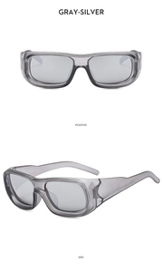 Front and side views of grey-silver square sunglasses with wrap-around frames and mirror lenses