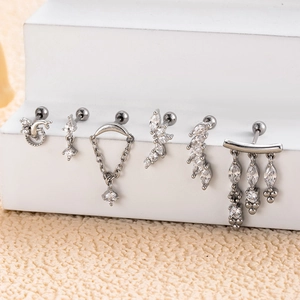 Set of 6 silver copper earrings with clear zircon stones for cartilage piercing