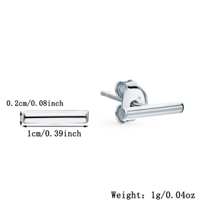 Macro detail of S925 silver cylinder stud earrings with dimensions and weight specs