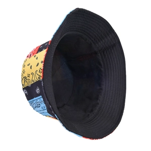 Detailed top-down view of the paisley patchwork bucket hat with vibrant color blocks