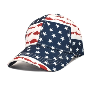 Detail of baseball cap featuring American flag style stars and fish silhouettes print