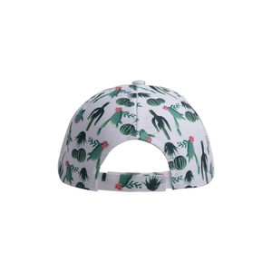 Detail view of the white printed baseball cap back with cactus patterns and adjustable strap
