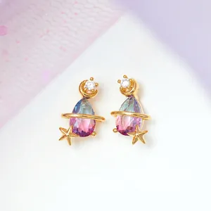 Elegant moon and star stud earrings with blue purple gradient zircon and gold frame