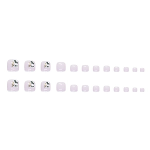Faux ongles d'orteils style français lilas avec motifs floraux et touches de feuilles d'or