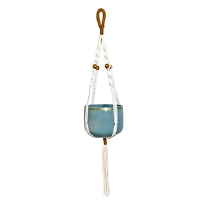 Handmade woven cotton rope hanging plant hanger with wood beads and blue ceramic pot