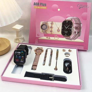 Pink 8-in-1 gift set featuring smart watch, quartz watch, jewelry and elegant accessories
