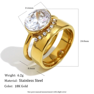18K gold plated stainless steel ring with double oval zircon stones and size measurements