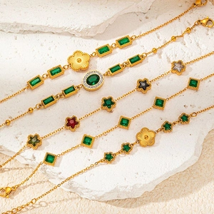 French Retro Emerald Green Cubic Zirconia Bracelet Titanium Steel 18K Gold Plated Luxury Elegant Jewelry For Women
