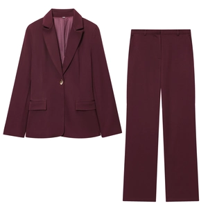 Women Blazer And Pants Solid Color Notch Lapel Single Button Long Sleeve Office Lady Business Elegant Polyester Burgundy