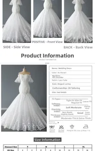 Detailed sizing guide and size chart for the off-shoulder white lace wedding dress