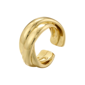 Detailed view of glossy gold spiral cuff earring with double line intertwined structure