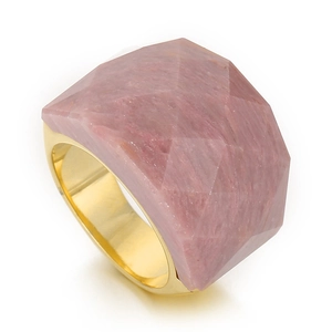 Chunky 18K gold plated ring featuring a large faceted pink natural stone on white background