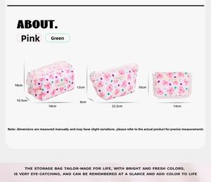 Size specifications for floral cosmetic bags with length, width and height details