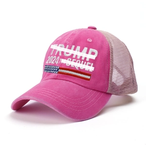 Close-up of pink trucker hat featuring high-quality Trump 2024 embroidery and mesh back