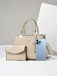 Detailed set of beige woven texture tote bag and envelope wallet with phone for size reference
