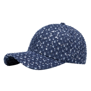 Distressed blue denim baseball cap with silver sequins and stylish ripped detailing