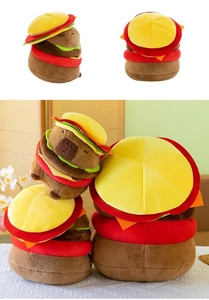 Macro detail of plush capybara burger toy showing soft texture and layered ingredients