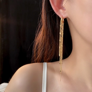 Close-up of golden tassel chain drop earrings showing the elegant drape and metallic finish