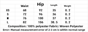 Size chart for sequin mini skirt showing measurements for waist and hips from XS to L