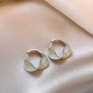 Detail shot of silver twisted texture hoop earrings on elegant beige silk fabric background