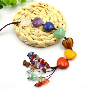 Chakra tree of life hanging decor with 7 heart-shaped natural stones and gemstone tassels