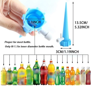 Blue plastic automatic plant watering spike showing 13.5cm dimensions and bottle fit