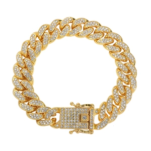 Men's gold-plated iced-out Cuban link bracelet with sparkling rhinestones and box clasp