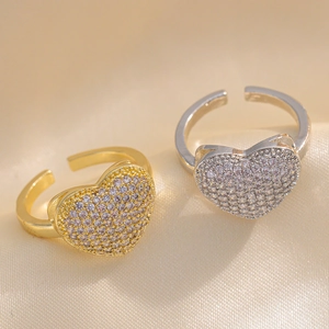 Heart Ring Copper 18K Gold Plated Full Zircon Encrusted Adjustable Open Finger Ring Light Luxury Fashion For Women