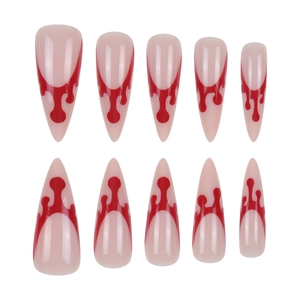 Long almond fake nails with nude base and red blood drip design for Halloween style