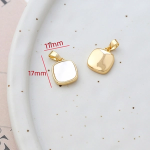 Detail showing dimensions of white mother of pearl square pendant with 14k gold plated frame