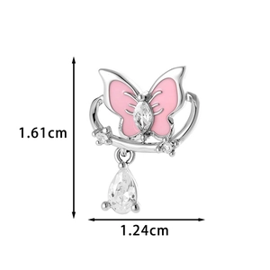 Pink butterfly titanium steel earring with zircon drops, 1.61cm height size view