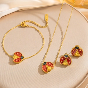 Ladybug Flower Necklace Earrings Bracelet Jewelry Stainless Steel 18K Gold Plated Enamel Accessories For Women