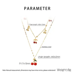 Detailed specs for double-layer stainless steel gold cherry necklace with 17x15mm pendant