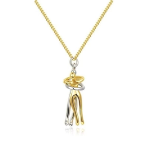 Minimalist embrace pendant necklace with two-tone gold and silver figures on a gold chain
