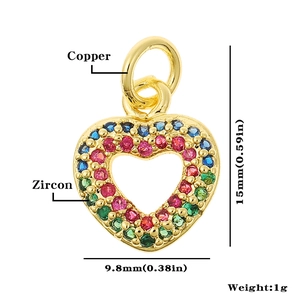 Detail view of heart pendant made of copper with colorful zircon stones and dimensions